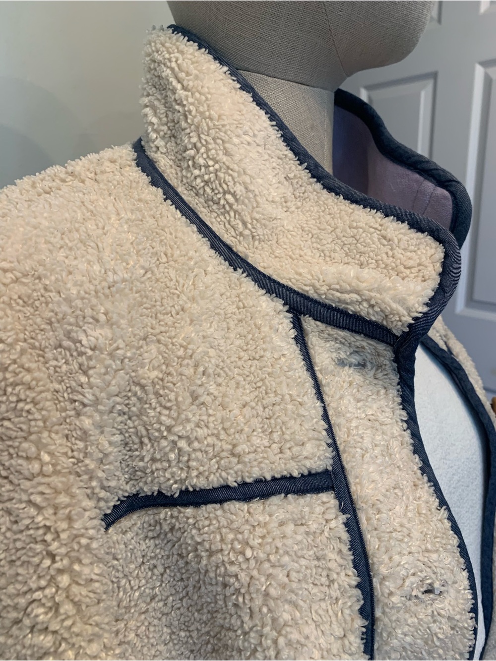 Anthropologie Faux Suede and Sherpa Jacket, Cream, Lavender with Navy Trim